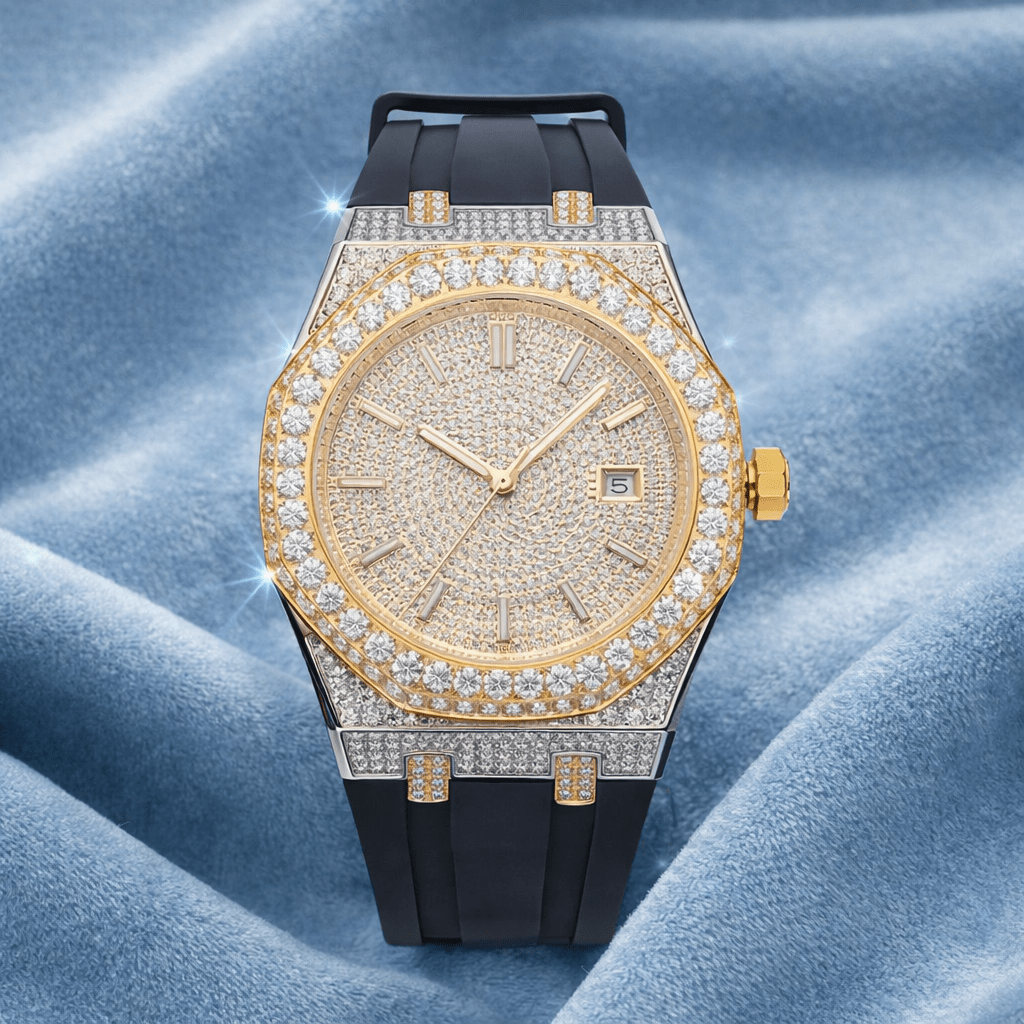 Moissanite Iced Out Silicone Band Watch 14K Yellow Gold 13.5CT 40mm - jewelryresell