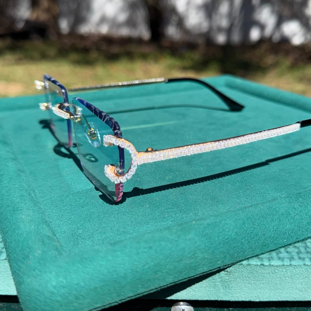 Blue/Pink Iced out Designer Glasses - jewelryresell