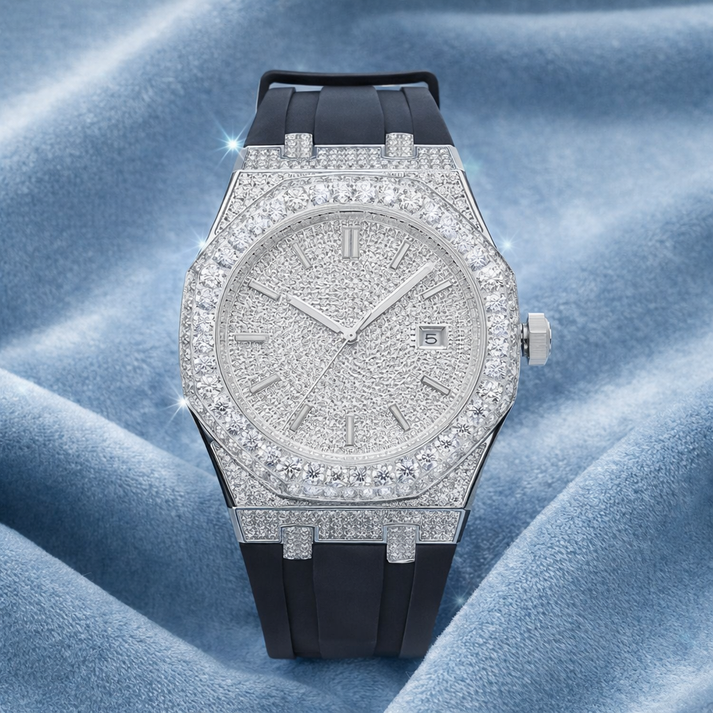 Moissanite Iced Out Silicone Band Watch 14K White Gold 13.5CT 40mm