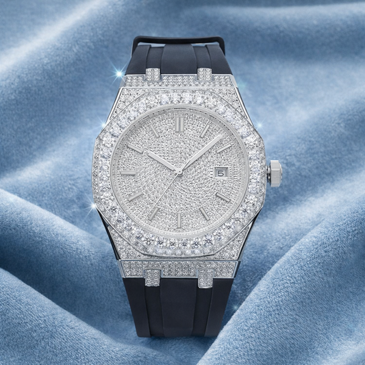 Moissanite Iced Out Silicone Band Watch 14K White Gold 13.5CT 40mm