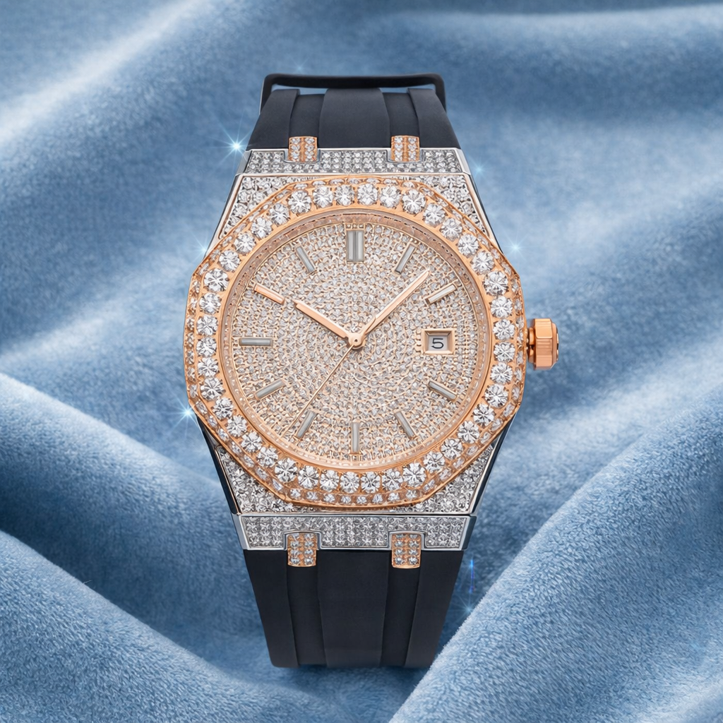 Moissanite Iced Out Silicone Band Watch 14K Rose Gold 13.5CT 40mm