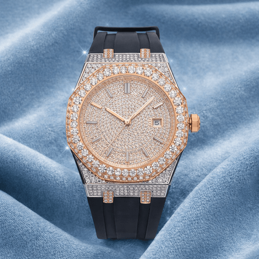 Moissanite Iced Out Silicone Band Watch 14K Rose Gold 13.5CT 40mm - jewelryresell