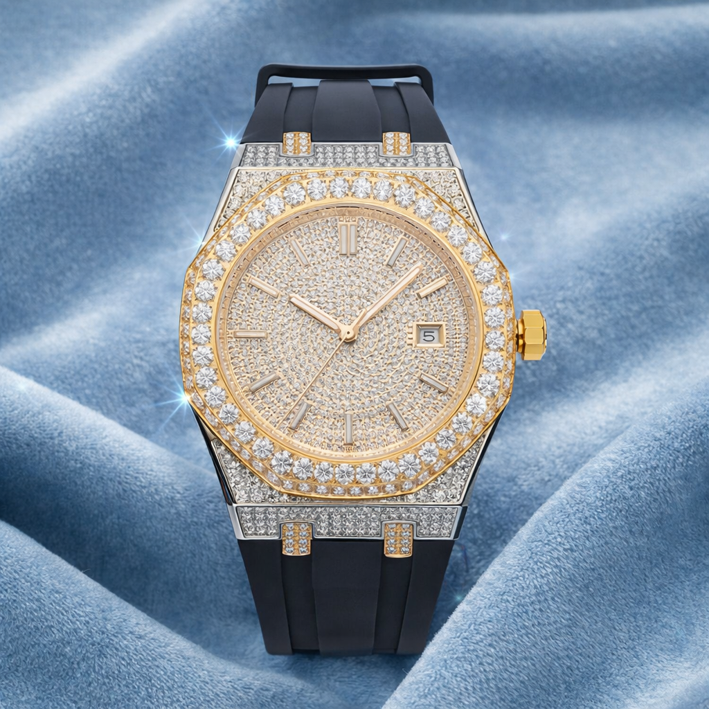 Moissanite Iced Out Silicone Band Watch 14K Yellow Gold 13.5CT 40mm