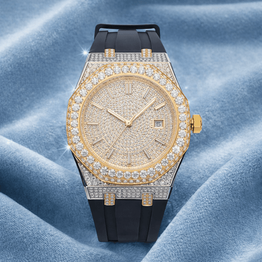Moissanite Iced Out Silicone Band Watch 14K Yellow Gold 13.5CT 40mm - jewelryresell