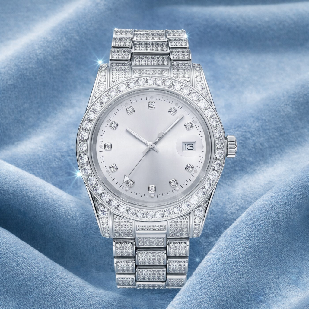 Presidential Moissanite Iced Out Silicone Band Watch 14K white Gold white face 13.3CT 41mm