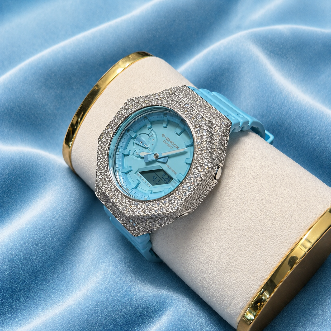 Custom Moissanite 925 Silver Covered Authentic Blue Casio G-SHOCK GA-2100 Watch