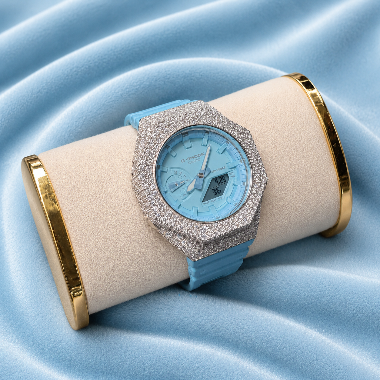 Custom Moissanite 925 Silver Covered Authentic Blue Casio G-SHOCK GA-2100 Watch