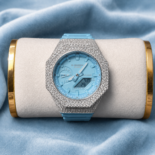 Custom Moissanite 925 Silver Covered Authentic Blue Casio G-SHOCK GA-2100 Watch