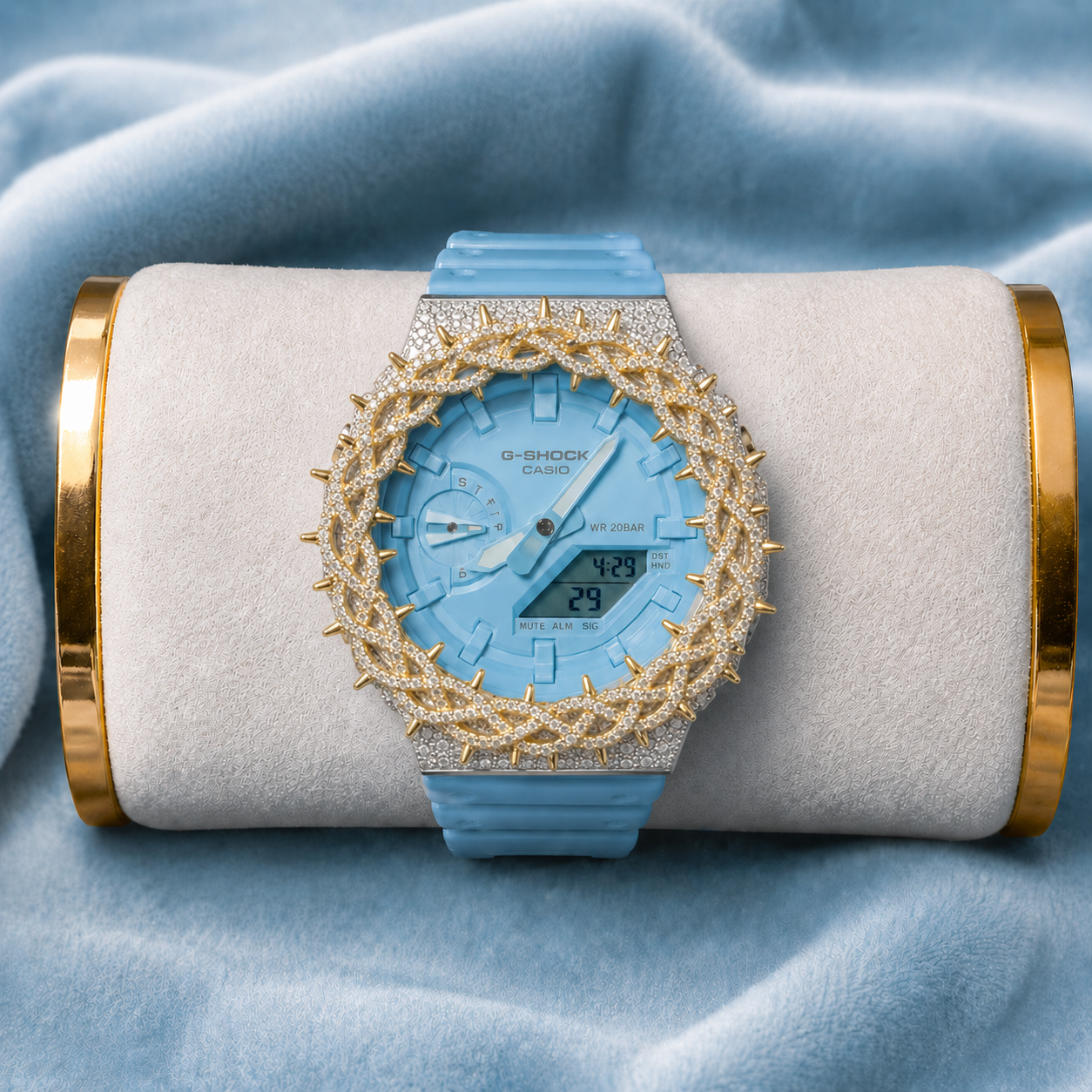 Custom Moissanite 925 Silver Covered Authentic Blue Casio G-SHOCK GA-2100 Watch