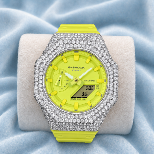 Custom Moissanite 925 Silver Covered Authentic Green Casio G-SHOCK GA-2100 Watch