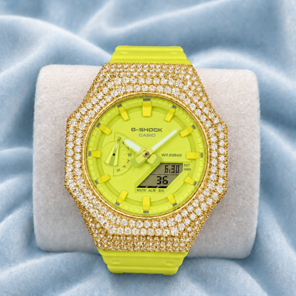 Custom Moissanite 925 Silver Covered Authentic Green Casio G-SHOCK GA-2100 Watch
