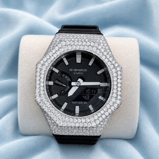 Custom Moissanite 925 Silver Covered Authentic Black Casio G-SHOCK GA-2100 Watch