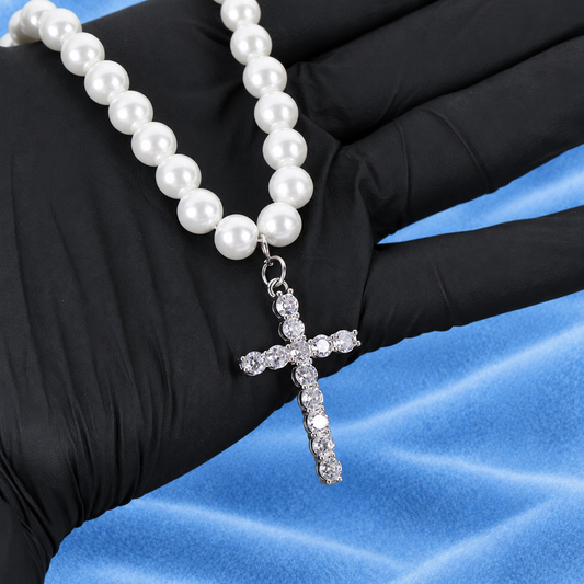 ICED OUT CROSS PEARL CHAIN 8MM