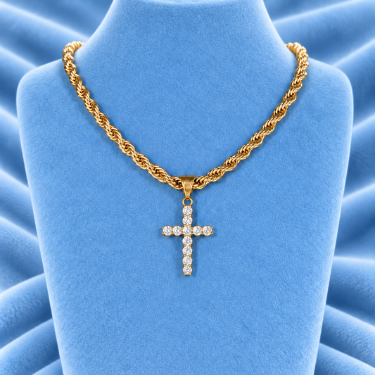 ROPE CHAIN & ICED OUT CROSS PENDANT
