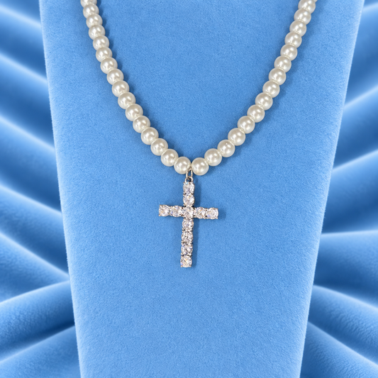 ICED OUT CROSS PEARL CHAIN 8MM