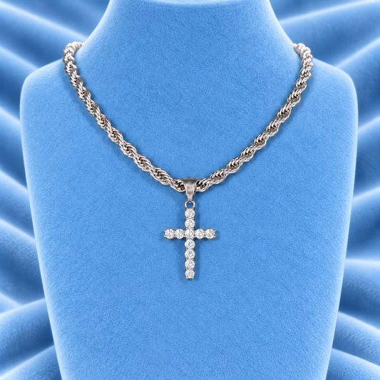 ROPE CHAIN & ICED OUT CROSS PENDANT