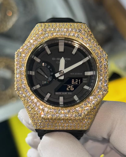 Custom Moissanite 925 Silver Covered Authentic Black Casio G-SHOCK GA-2100 Watch