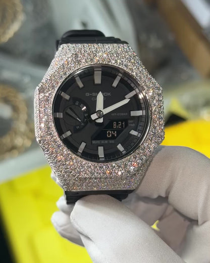 Custom Moissanite 925 Silver Covered Authentic Black Casio G-SHOCK GA-2100 Watch
