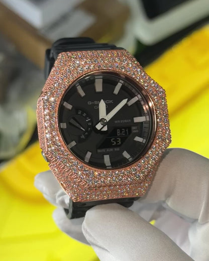 Custom Moissanite 925 Silver Covered Authentic Black Casio G-SHOCK GA-2100 Watch
