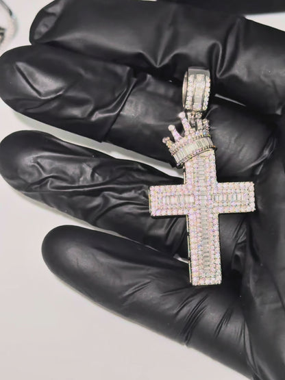 ICED OUT CROSS WITH CROWN PENDANT